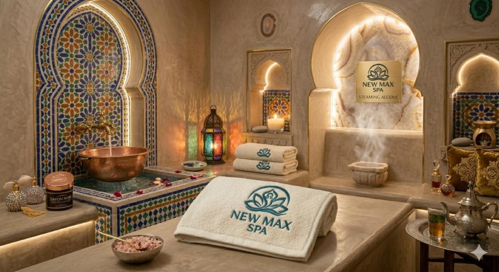 Moroccan bath treatment room with zellige tiles, copper basin and steaming alcove
