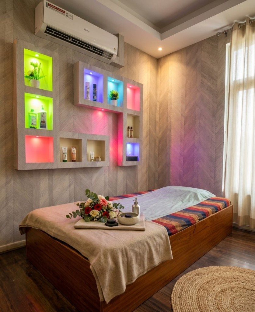 Private massage room with treatment bed, colourful shelf lighting and spa products