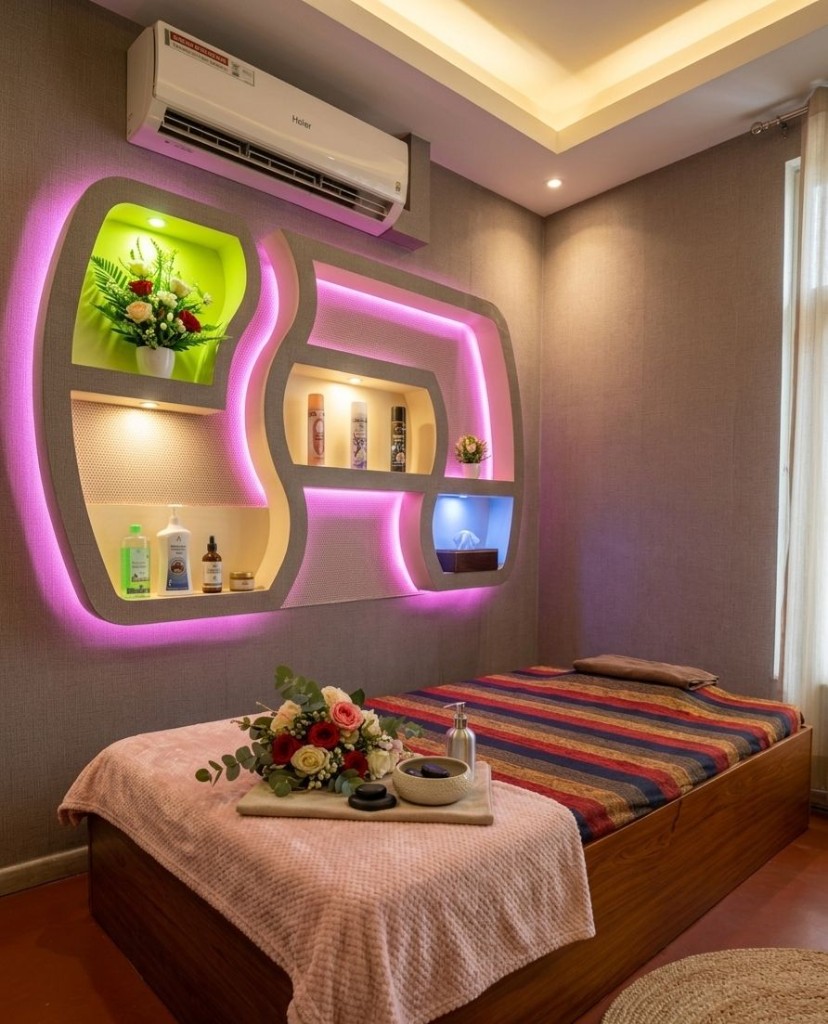 Relaxing massage room with ambient pink lighting and neatly prepared treatment bed